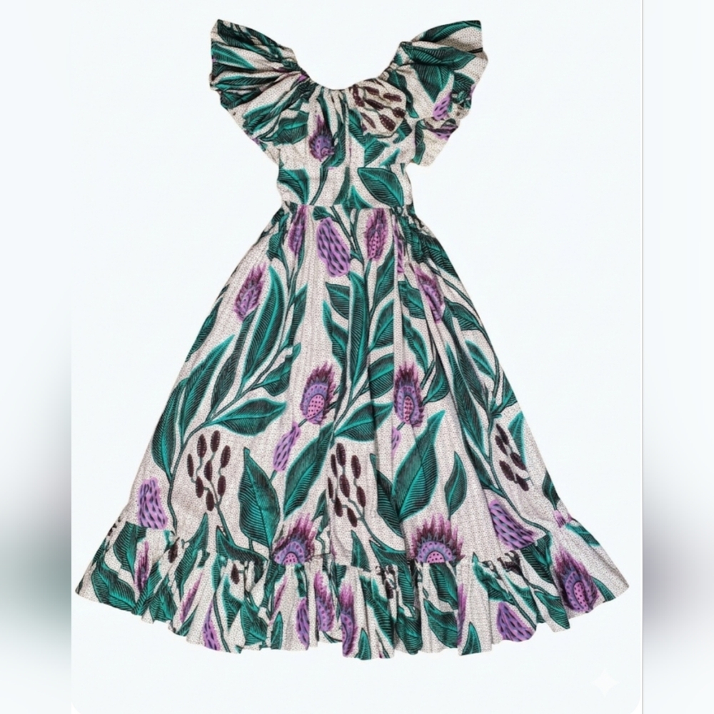 Sika Anthropologie Off-the-Shoulder Printed Maxi Dress Gree, Purple & White Sz 2 - Picture 8 of 16